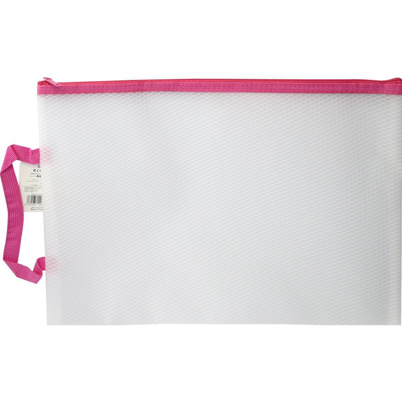 Roco Zip Pouch, A4, Single Pocket, Pink, Mesh Zipper Pouch with Handle