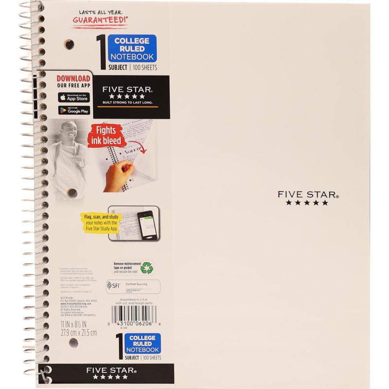 Five Star Notebook, 8.5 X 11 in, 200 Pages (100 Sheets), 1 Subject, College Ruled, Assorted, Color and Design May Vary