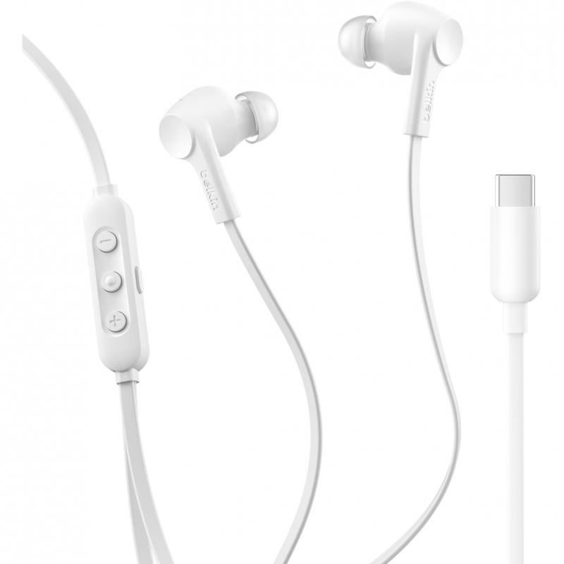 Belkin SoundForm In-Ear Earphones, Active Noise Cancelling, Wired, USB-C, In-line Microphone, White