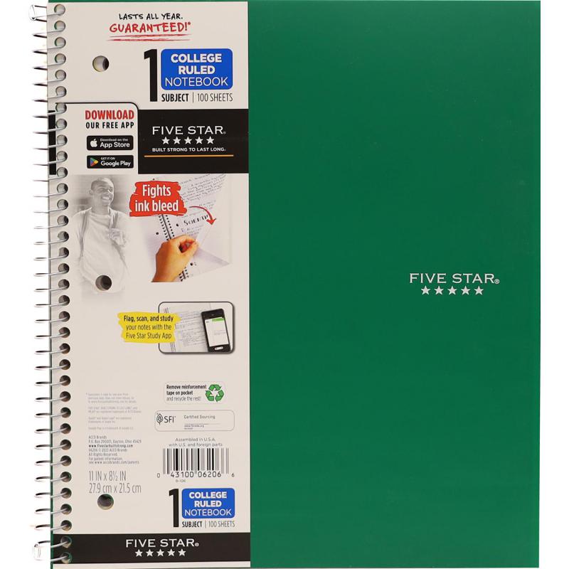 Five Star Notebook, 8.5 X 11 in, 200 Pages (100 Sheets), 1 Subject, College Ruled, Assorted, Color and Design May Vary
