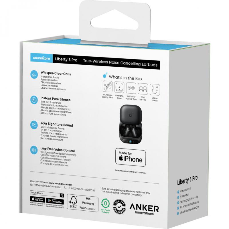 Anker Liberty 5 Pro Earbuds, Active Noise Cancelling, Bluetooth, Built-in Microphone, Black