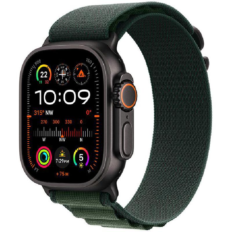 Apple Watch Ultra 2 Smartwatch, GPS + Cellular, 49 mm, Black Titanium Case, Dark Green Alpine Loop, Small