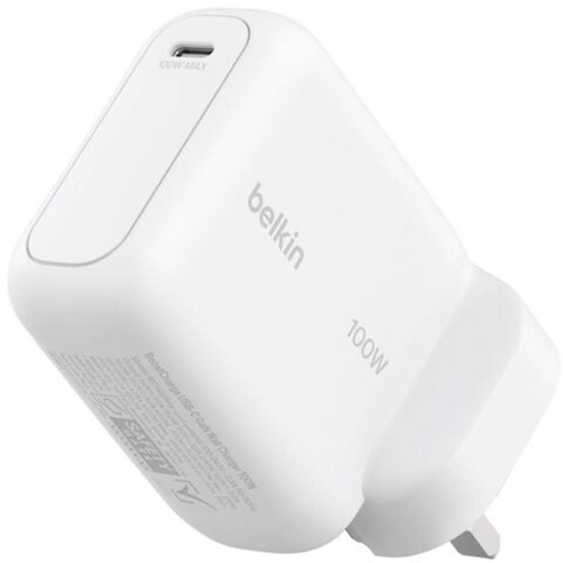 بيلكن بوست تشارج شاحن 100W بمنفذ USB-C واحد PD ودبابيس قابلة للطي توصيل الطاقة - يو اس بي بي دي أحادي USB-C PD ابيض 1