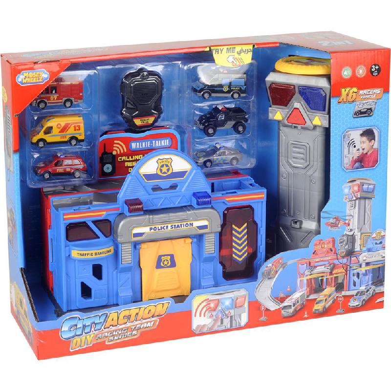 Mosey Wheelz City Action Garage Track (Fire Rescue Truck + Police Car) Playset with Carry Case Die-cast Toy Model | Toys | Die-cast Toys | Toys & Kids Learning | New Arrivals
