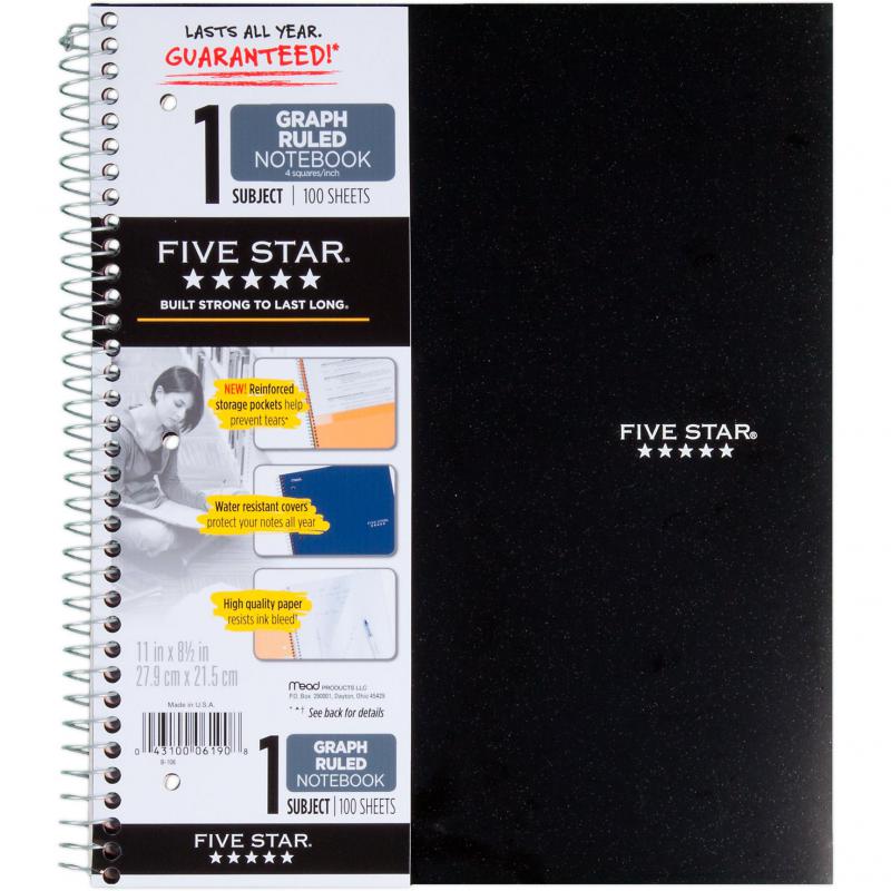 Five Star Notebook, Water-resistant Cover, 8.5 X 11 in, 200 Pages (100 Sheets), Quad Ruled, Assorted, Color and Design May Vary