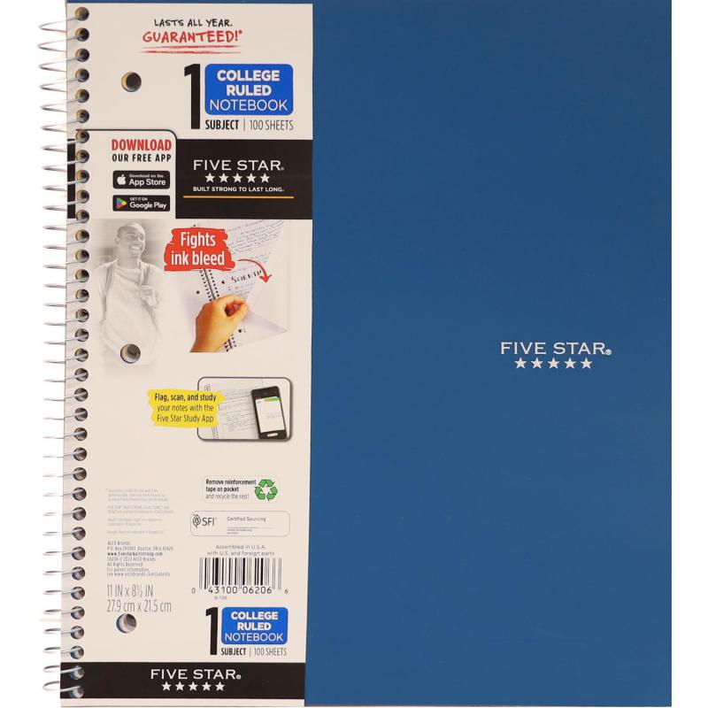 Five Star Notebook, 8.5 X 11 in, 200 Pages (100 Sheets), 1 Subject, College Ruled, Assorted, Color and Design May Vary
