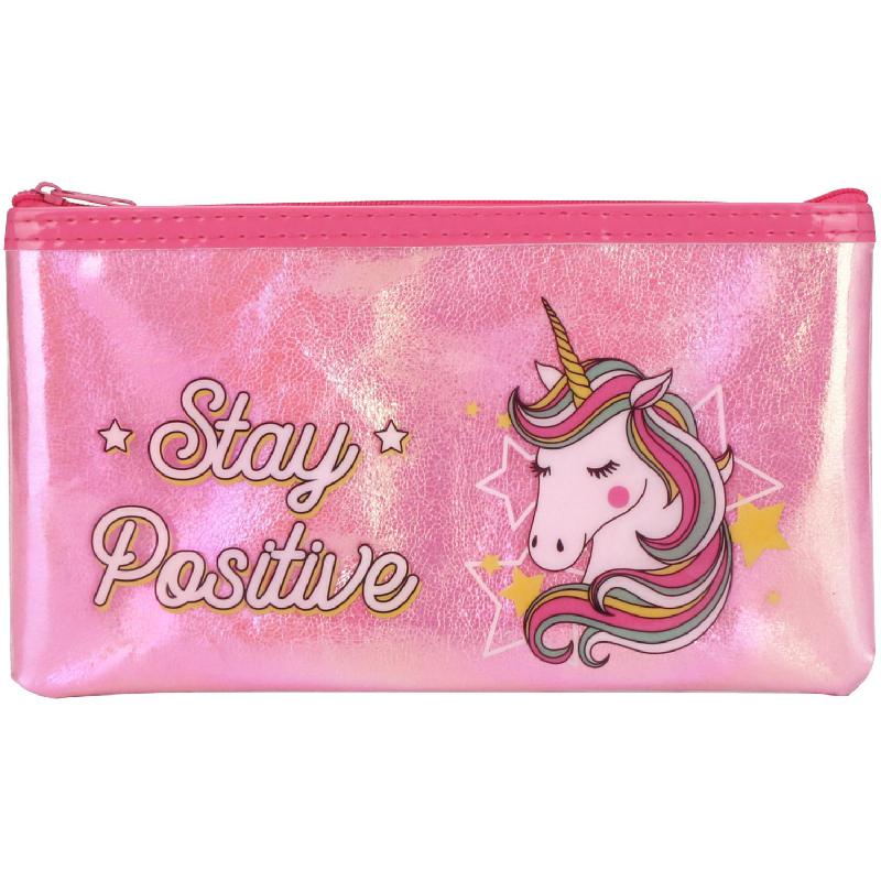 Soft Pencil Case, "Stay Positive" Unicorn Clear Shiny Design, Durable and Stylish, Light Purple
