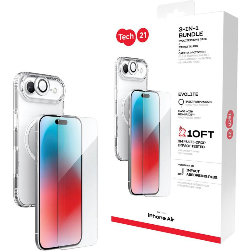 Tech21 3-in-1 MagSafe Bundle Evo Clear MagSafe Case + Impact Glass Screen Protector + Camera Lens Protector Smartphone Case Bundle, for iPhone Air, Clear