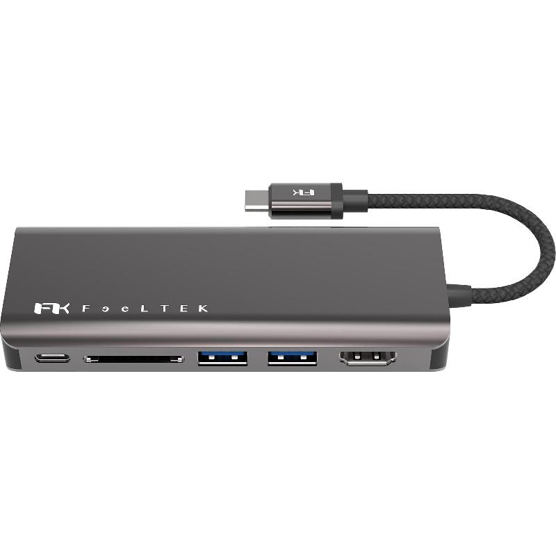 FeelTek Multi-port Station, USB-C, 6 Port (2X USB-A/USB-C/RJ-45/HDMI/SD), Grey