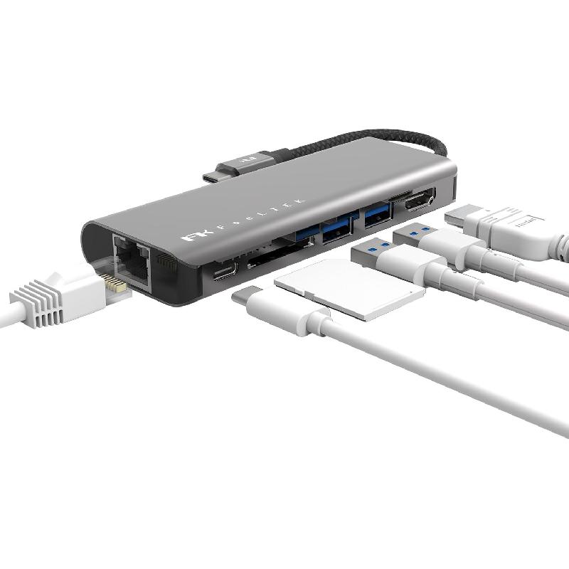 FeelTek Multi-port Station, USB-C, 6 Port (2X USB-A/USB-C/RJ-45/HDMI/SD), Grey