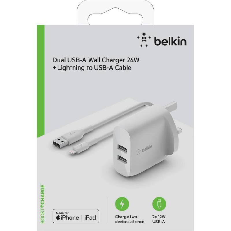 Belkin BoostCharge Dual USB-A Wall Charger 24W + Lightning to USB-A Cable | Smartphone Accessories | Chargers & Adapters | Best Deals Belkin BoostCharge Dual USB-A Wall Charger 24W + Lightning to USB-A Cable | Smartphone Accessories | Chargers & Adapters | Best Deals