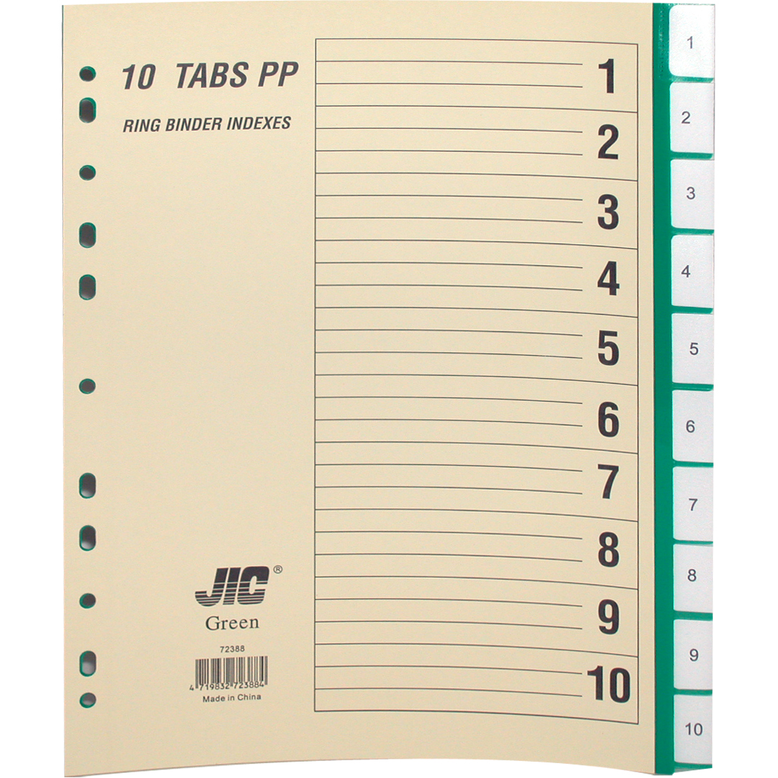 JIC Index Divider, A4, 1/10 Tab Cut, Numeric Tab Type, Green Tab Color