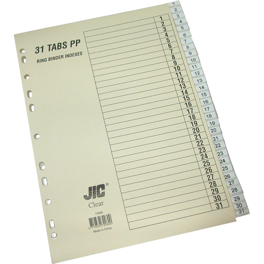 JIC Index Divider, A4, 1/31 Tab Cut, Numeric Tab Type, Clear Tabs, Polypropylene