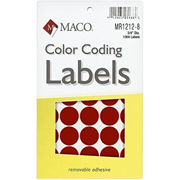 Maco Color Coding Labels, A6 .75 (Diameter), Round, Red, 1000 Labels